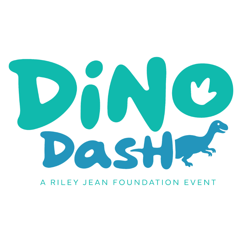 Teal and blue "Dino Dash" text with a small dinosaur silhouette is centered against a plain white background.