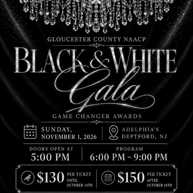 White text detailing a Black & White Gala event is centered over a dark, draped background topped with a sparkling crystal chandelier.