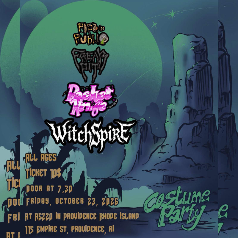 A concert flyer featuring band names and event details in the foreground against a surreal landscape of jagged cliffs and a giant green moon in the background.