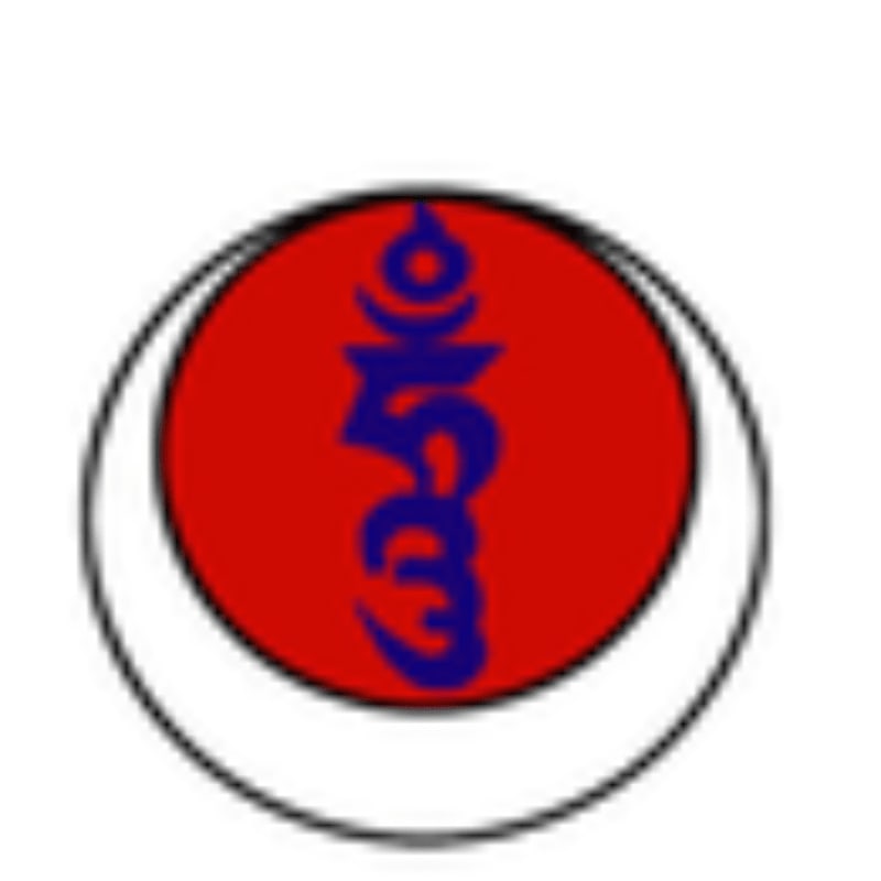 A blue stylized symbol is centered within a red circle, all set against a plain white background.