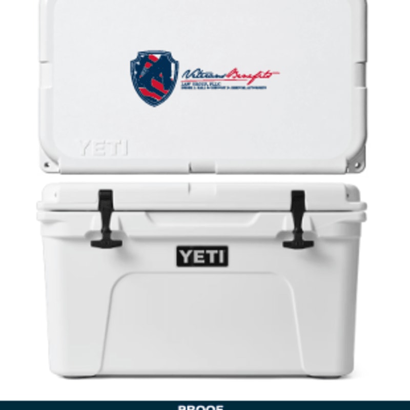 A white YETI cooler with a logo on the lid is centered against a plain white background.
