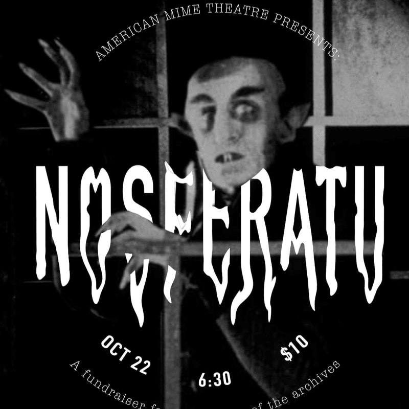 A pale, vampire-like figure with clawed hands stands behind a barred window in a black and white promotional poster for a production of "Nosferatu."