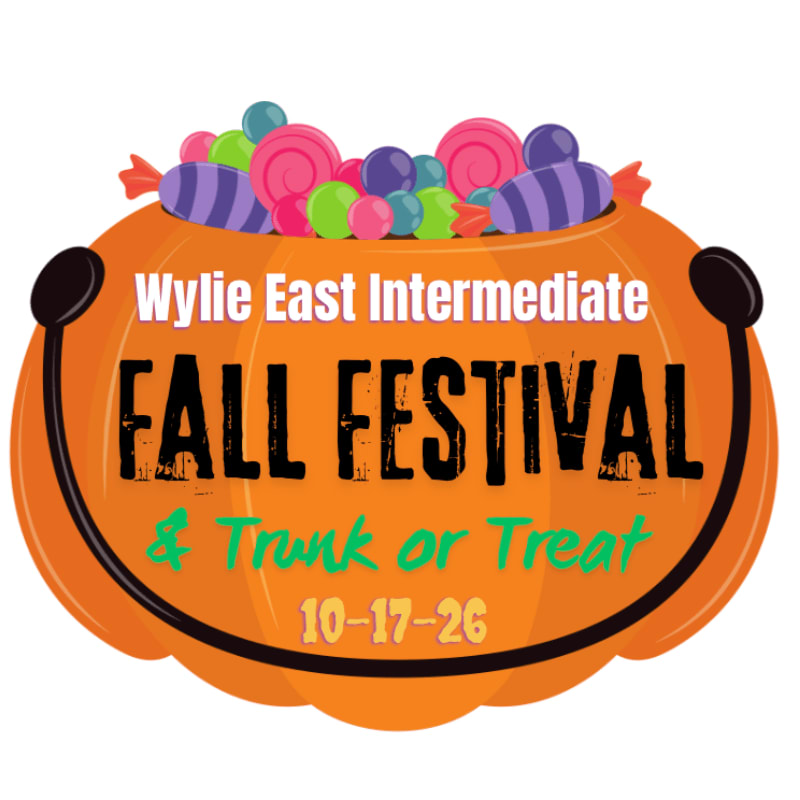 A large orange pumpkin filled with colorful candies and featuring text for the Wylie East Intermediate Fall Festival is set against a plain white background.