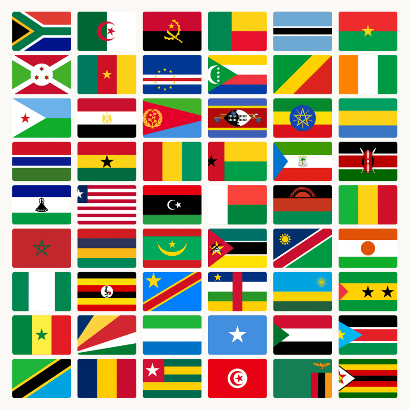 A grid of various African national flags is displayed against a plain white background.