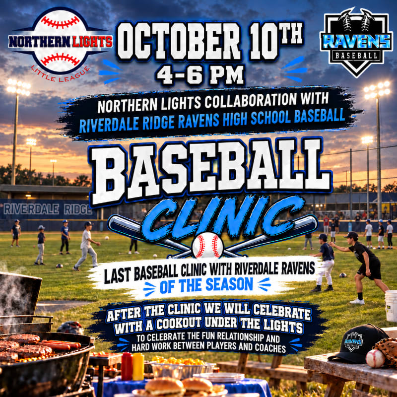 A promotional flyer for a baseball clinic features text and graphics in the foreground over a background of players on a field at sunset.