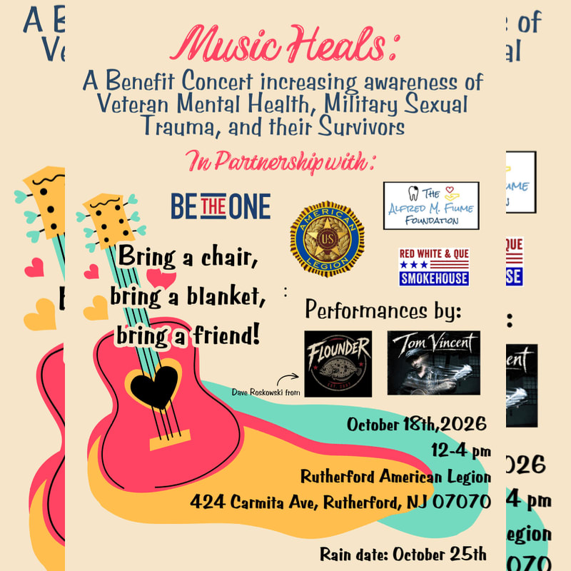 A colorful flyer for a "Music Heals" benefit concert features a stylized red guitar in the foreground against a light beige background filled with event details and partner logos.