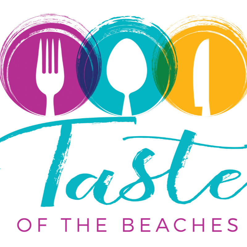 The words "Taste OF THE BEACHES" sit in the foreground below three colorful overlapping circles containing white silhouettes of a fork, spoon, and knife against a plain white background.