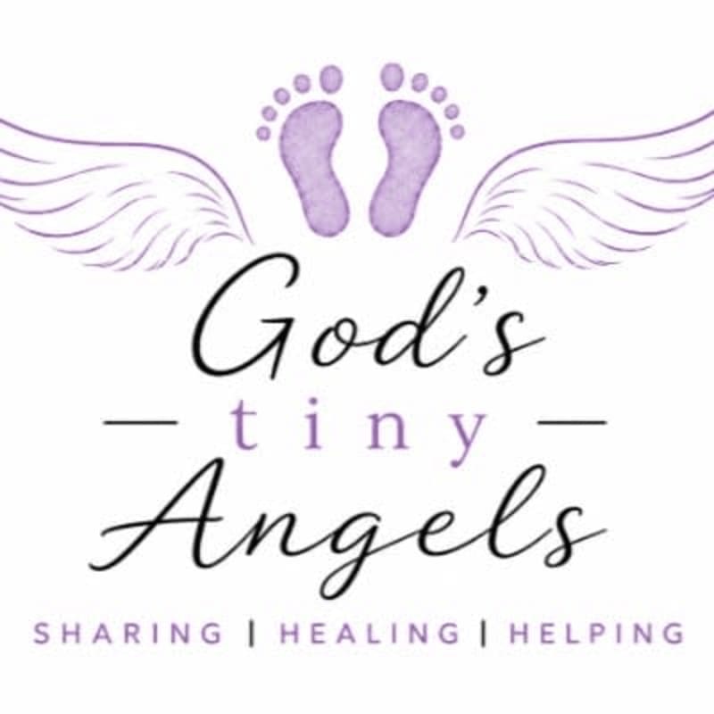 Purple baby footprints and wings frame the text "God's tiny Angels" and a supportive slogan against a plain white background.