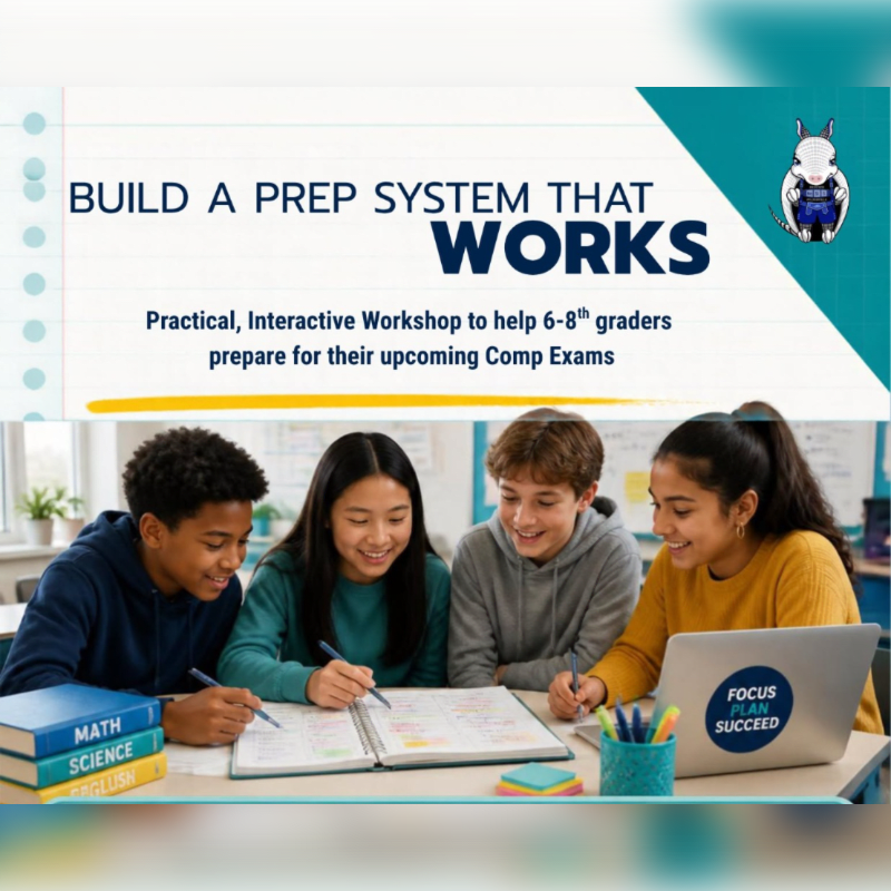 Four smiling students study together around a table in the foreground, set against a blurred classroom background and topped with a promotional header for a prep workshop.