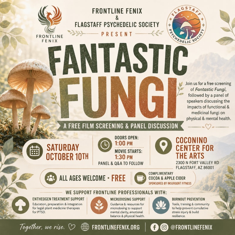 A promotional flyer for a "Fantastic Fungi" film screening features large text and event details in the foreground against a soft-focus background of mushrooms and a mountain landscape.