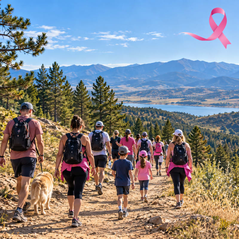A group of hikers with backpacks walks along a dirt trail toward a scenic vista of mountains and a lake under a blue sky, with a pink ribbon floating in the upper right corner.