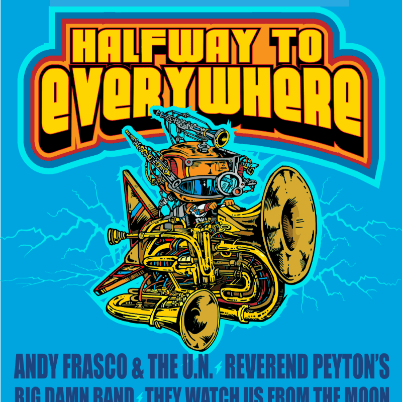 A whimsical, steampunk-style brass instrument and robot are centered in the foreground against a bright blue background featuring bold yellow text and lightning bolts.