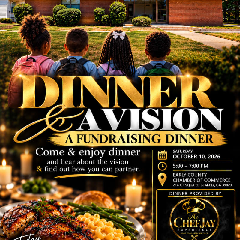 A promotional flyer for a fundraising dinner features a plated meal in the foreground and four children with backpacks sitting on a grassy lawn in the background.