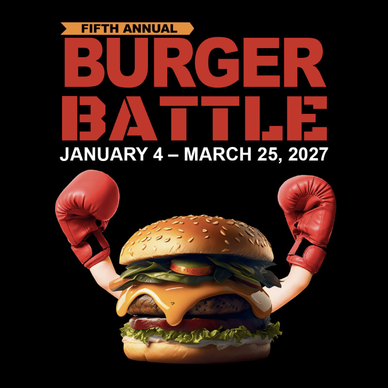 A burger wearing red boxing gloves stands in the foreground against a black background with "FIFTH ANNUAL BURGER BATTLE" text.