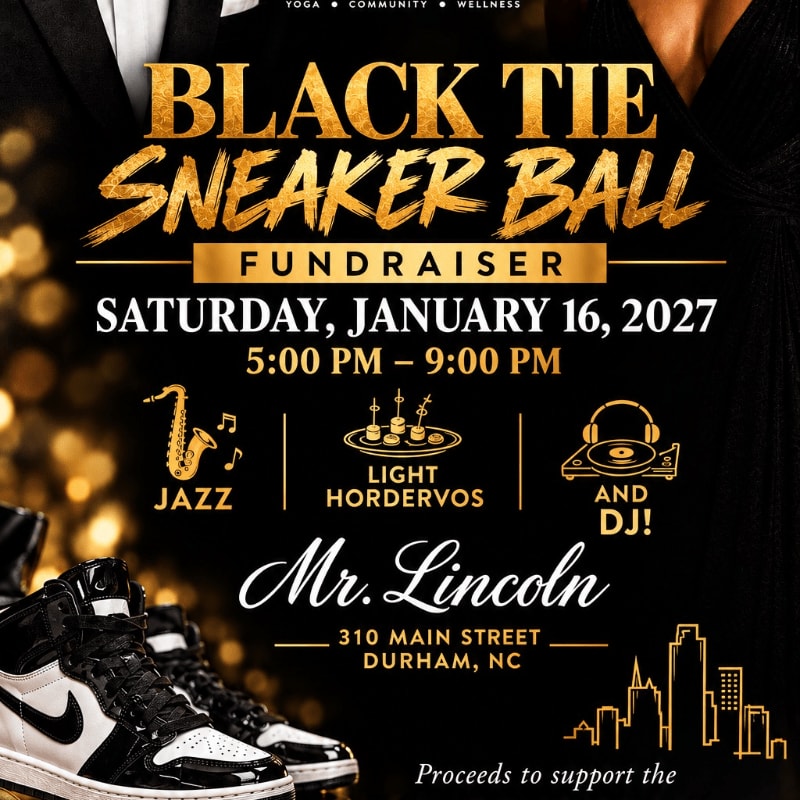 Gold and white event text for a "Black Tie Sneaker Ball" fundraiser is centered over a dark background featuring blurred golden lights and a pair of black and white sneakers in the foreground.