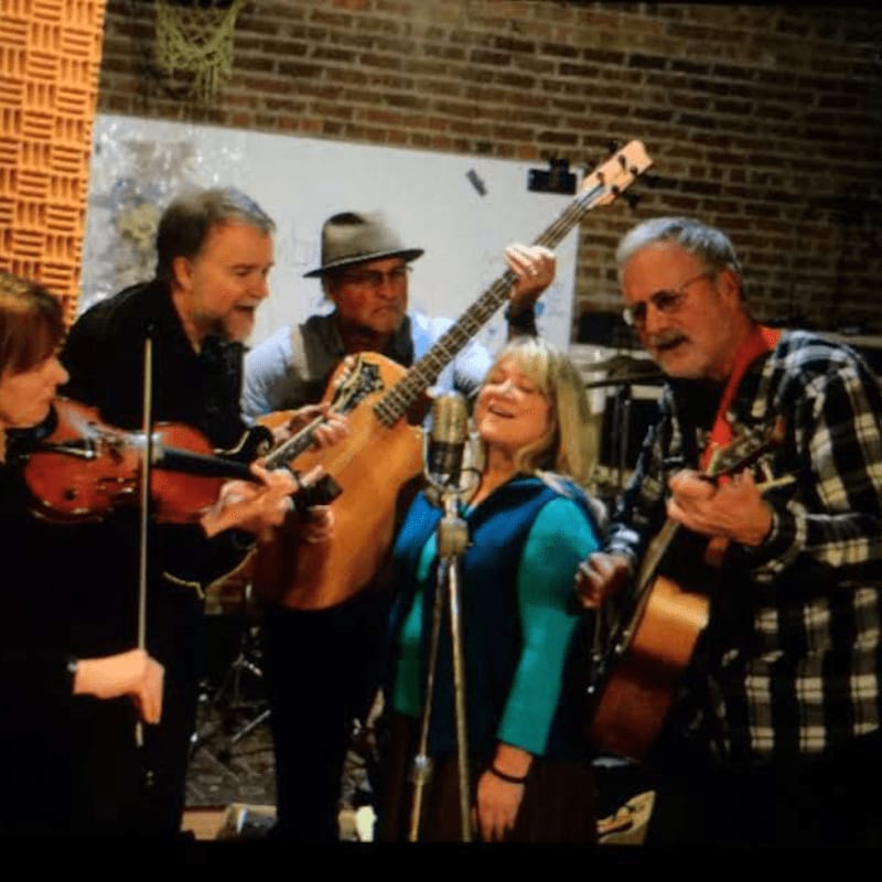 A group of musicians playing a violin, double bass, and guitar perform in front of a brick wall.