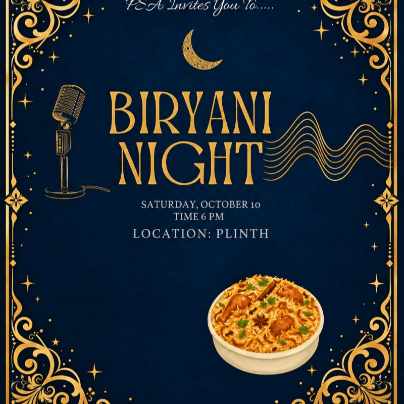 A bowl of biryani and a vintage microphone sit in the foreground of a dark blue invitation featuring gold ornate borders and a crescent moon in the background.