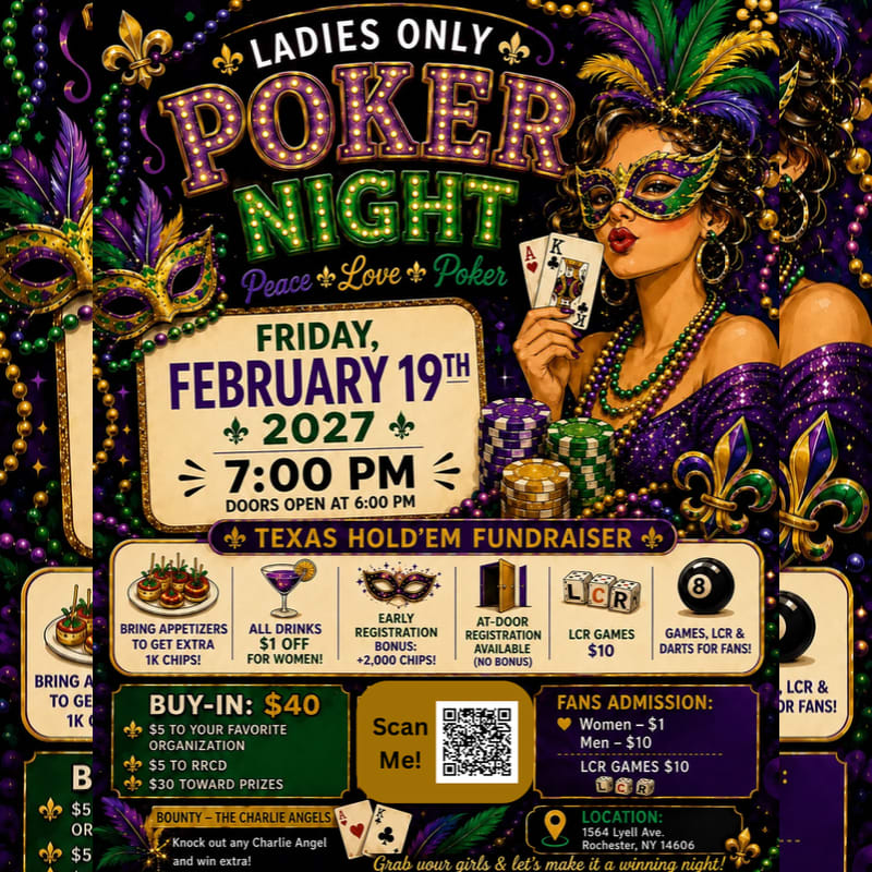 A colorful Mardi Gras-themed poker night flyer features a masked woman holding cards in the foreground against a backdrop of purple, green, and gold decorations.