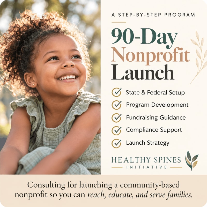 A smiling young girl with curly hair is in the foreground, set against a blurred outdoor background and a white informational panel detailing a 90-day nonprofit launch program.