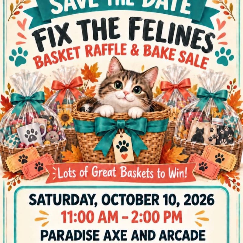 A cute tabby cat sits in a gift basket surrounded by other raffle baskets and autumn leaves against a promotional event background.