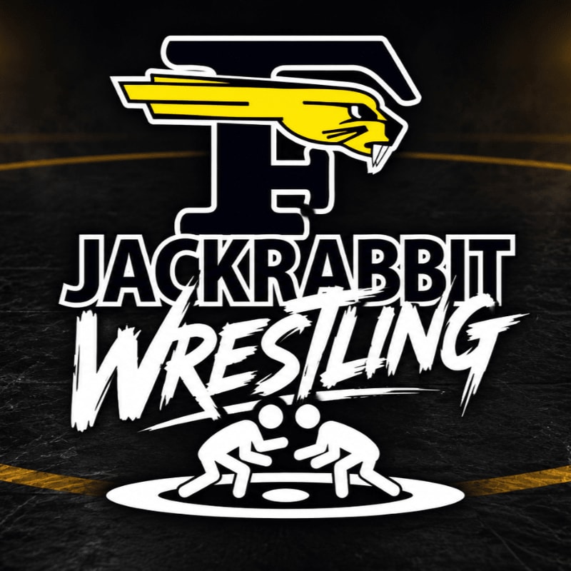 A "Jackrabbit Wrestling" logo featuring a stylized rabbit and wrestlers is centered over a dark, textured wrestling mat with a yellow circular border.