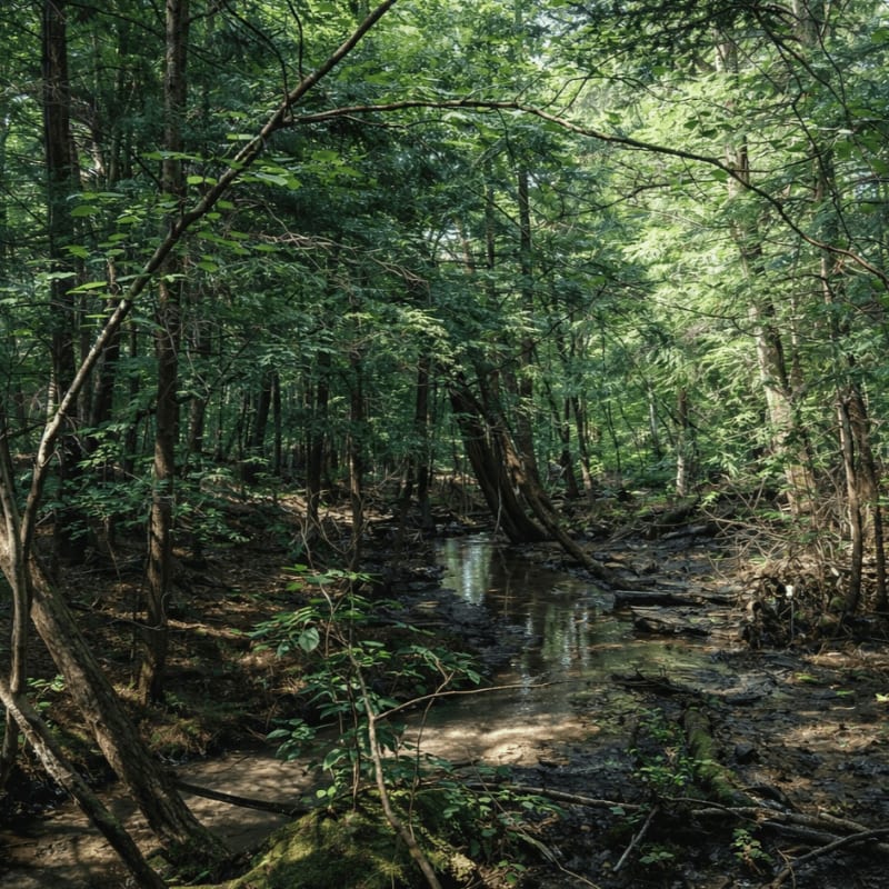 A small, winding stream flows through a dense forest of lush green trees and shaded undergrowth.