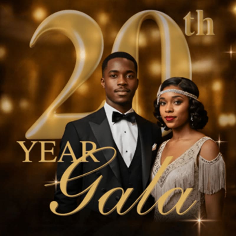 A man in a tuxedo and a woman in a flapper-style dress stand in the foreground against a golden background featuring a large "20th" and the words "YEAR Gala."