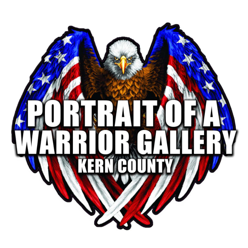 A bald eagle with wings patterned like the American flag is centered behind the bold text "PORTRAIT OF A WARRIOR GALLERY KERN COUNTY" against a plain white background.