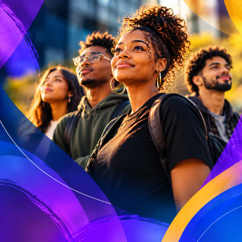 Four diverse young adults look upward with hopeful expressions, framed by vibrant purple and yellow abstract swirls against a blurred urban background.