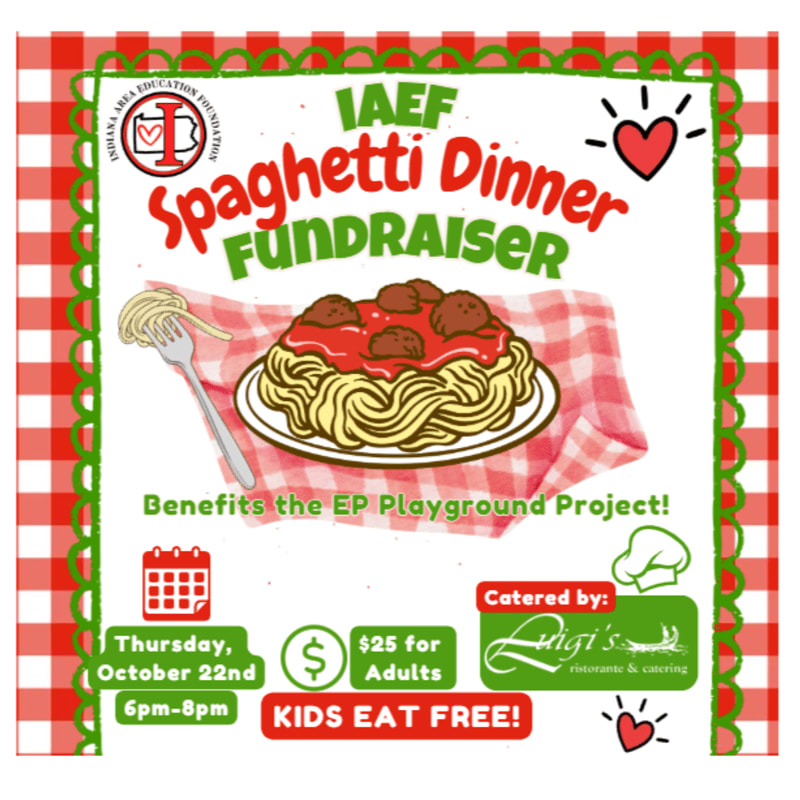 A plate of spaghetti with meatballs sits on a red checkered napkin in the foreground, set against a white background with event details and a red and green decorative border.