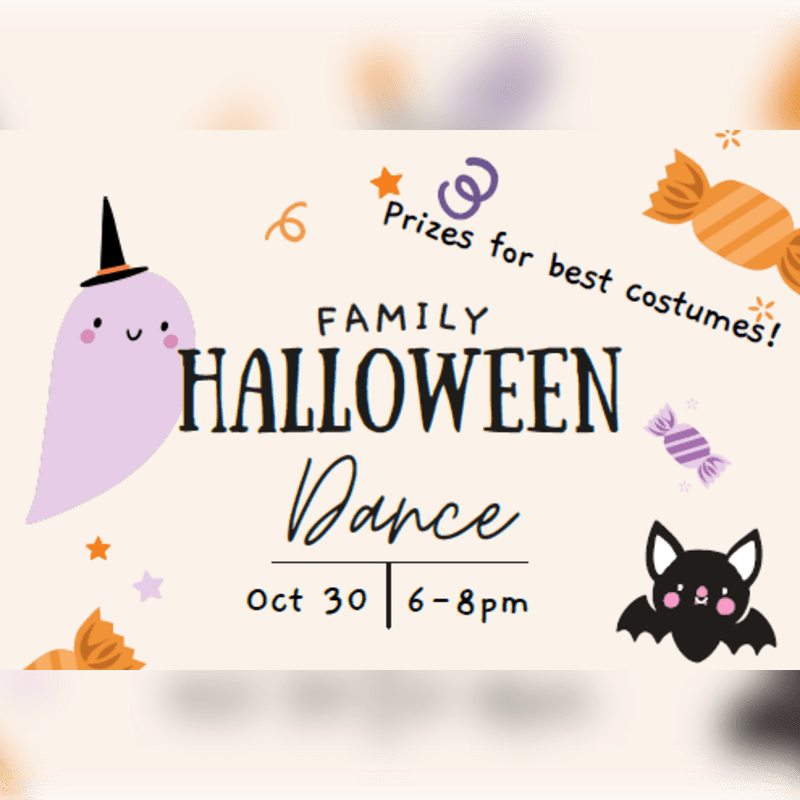 A Halloween dance invitation featuring a ghost, bat, and candy in the foreground against a plain, light-colored background.