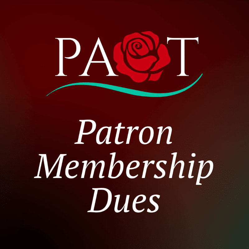 White text reading "PATRON Membership Dues" and a red rose logo sit atop a dark red gradient background.
