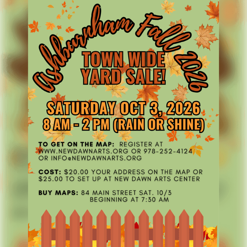 A fall-themed flyer for a town-wide yard sale in Ashburnham on October 3, 2026, features autumn leaves and a wooden fence in the background.