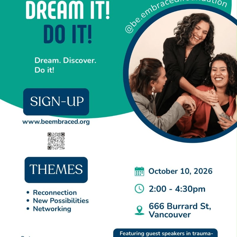 A promotional flyer with teal and white backgrounds features bold text and a circular photo of three smiling women in the foreground.