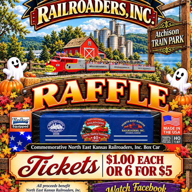 A colorful raffle advertisement features a model train car and ticket prices in the foreground, set against a background of a red barn, silos, and ghosts in a rural landscape.