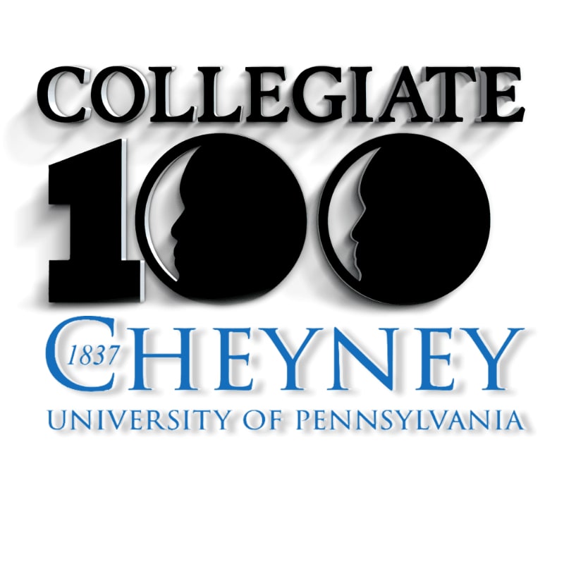 Black and blue text and a large "100" logo with silhouette profiles are centered against a plain white background.