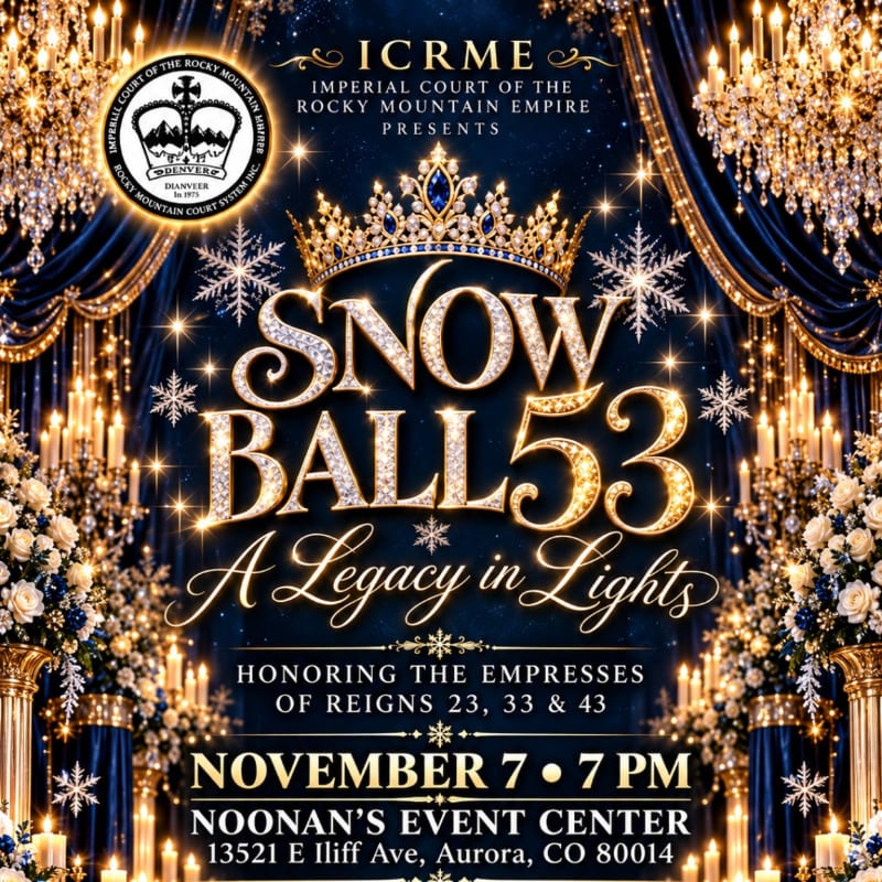 A glittering "SNOW BALL 53" announcement with a crown and snowflakes sits in the foreground against a luxurious background of blue velvet curtains, golden chandeliers, and white floral arrangements.