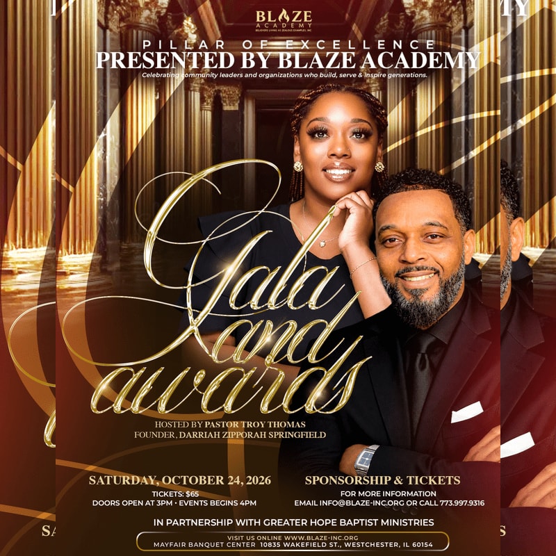 A smiling couple in formal attire stands in the foreground of a gold-themed gala flyer set against a background of classical columns.