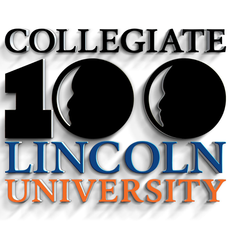 The words "COLLEGIATE," "LINCOLN," and "UNIVERSITY" surround a large number "100" featuring silhouettes of faces, all set against a plain white background.