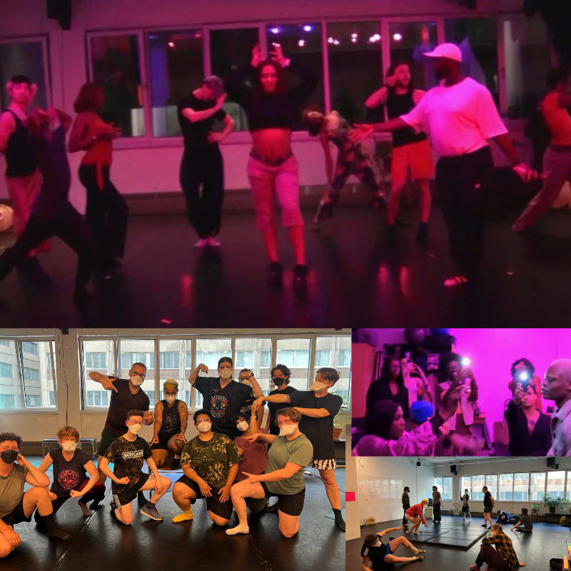 A collage of photos shows people dancing and posing in a studio under pink lighting and in a bright room with large windows.