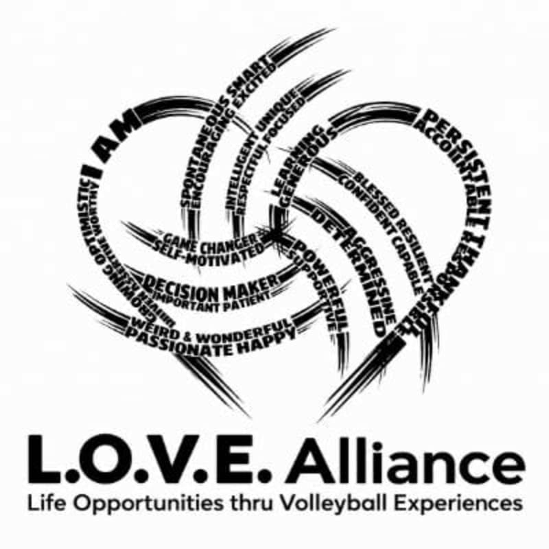 A black graphic of a volleyball composed of positive descriptive words sits centered against a plain white background above the text "L.O.V.E. Alliance."
