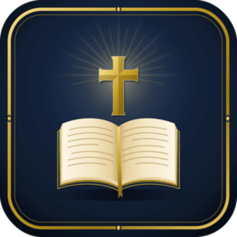 An open golden book sits in the foreground beneath a glowing golden cross against a dark blue background.