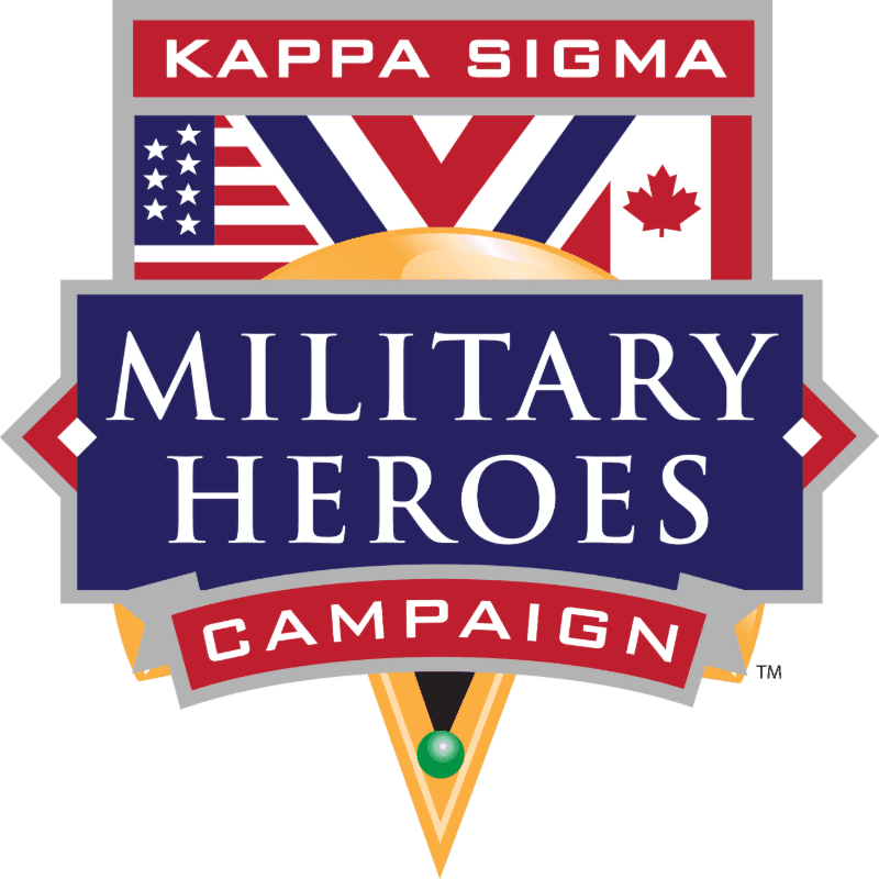 A blue banner reading "MILITARY HEROES" sits in the foreground, set against a background featuring the Kappa Sigma name and the flags of the United States, United Kingdom, and Canada.