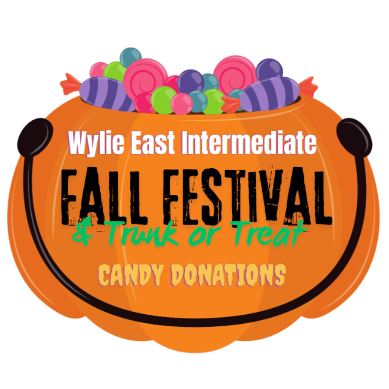 An orange pumpkin filled with colorful candies and featuring text for the Wylie East Intermediate Fall Festival is set against a plain white background.