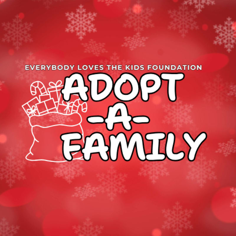 White text and a gift bag illustration reading "ADOPT-A-FAMILY" sit against a red background decorated with snowflakes and bokeh lights.