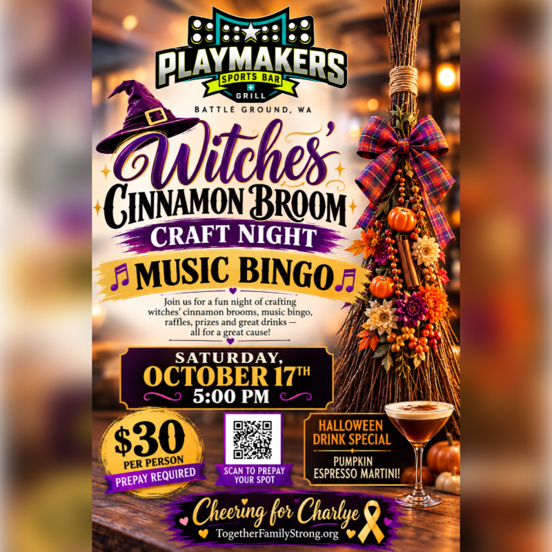 A promotional flyer for a "Witches' Cinnamon Broom Craft Night" features a decorative broom and a martini glass in the foreground against a blurred bar background.