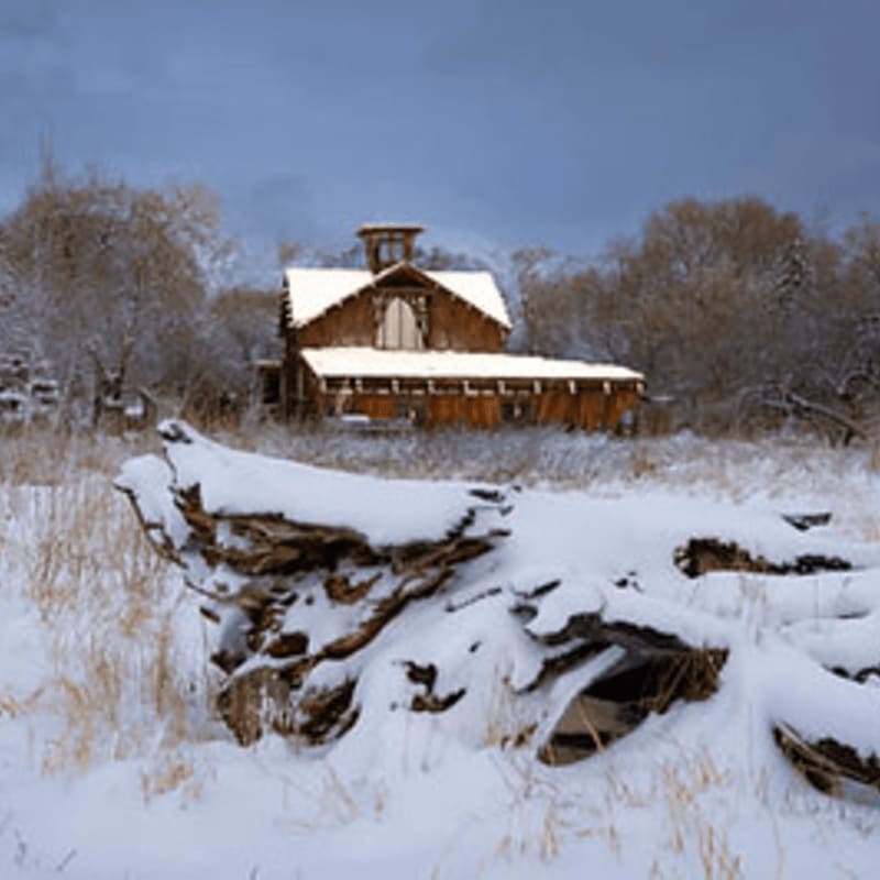 A snow-covered log in the foreground sits before a rustic wooden building and frosted trees under a cloudy sky.