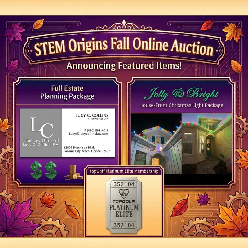 Three promotional flyers for an estate planning package, Christmas light package, and TopGolf membership are displayed against a purple and gold autumn-themed background with falling leaves and gears.