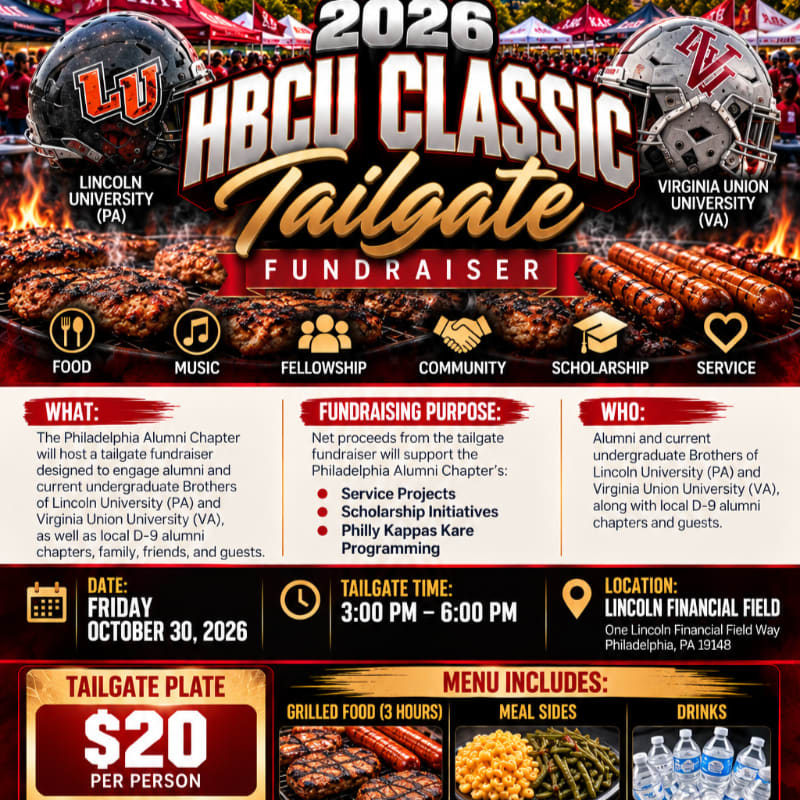 A promotional flyer for a 2026 HBCU Classic Tailgate Fundraiser features grilled meats in the foreground and football helmets with event details in the background.