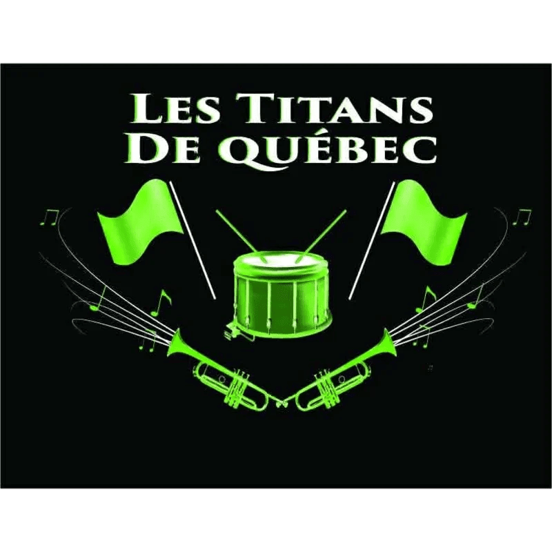 A green drum, two trumpets, and two flags are arranged symmetrically in the foreground against a solid black background with the text "LES TITANS DE QUÉBEC".